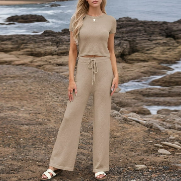 Women's Summer Knit Trousers Suit Casual Round Neck Short Sleeve Long Pants Set Comfortable Pure Color Outfit For Daily Wear Dressy Outfits for Women Tracksuit for Women Jacket And Pants Set for Women