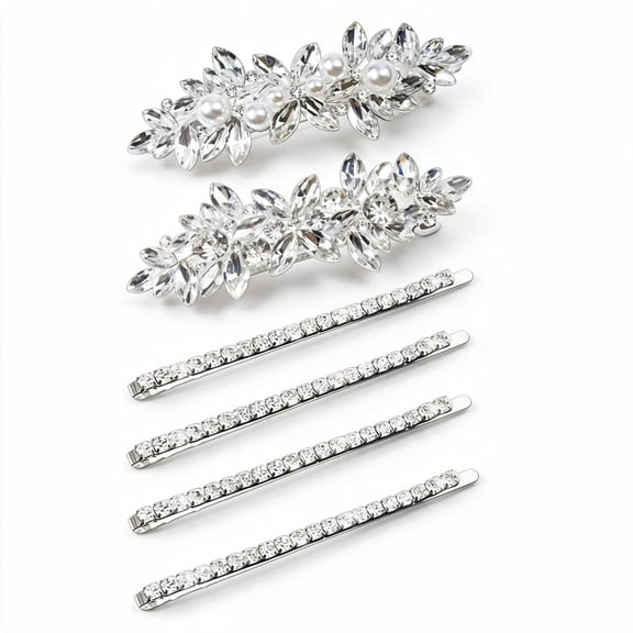 6 Pack Silver Rhinestone Hair Clips, Sparkly Crystal Pearl Barrettes, Zinc Alloy Decorative Hair Accessories for Women Girls for Wedding, Party and Daily Wear
