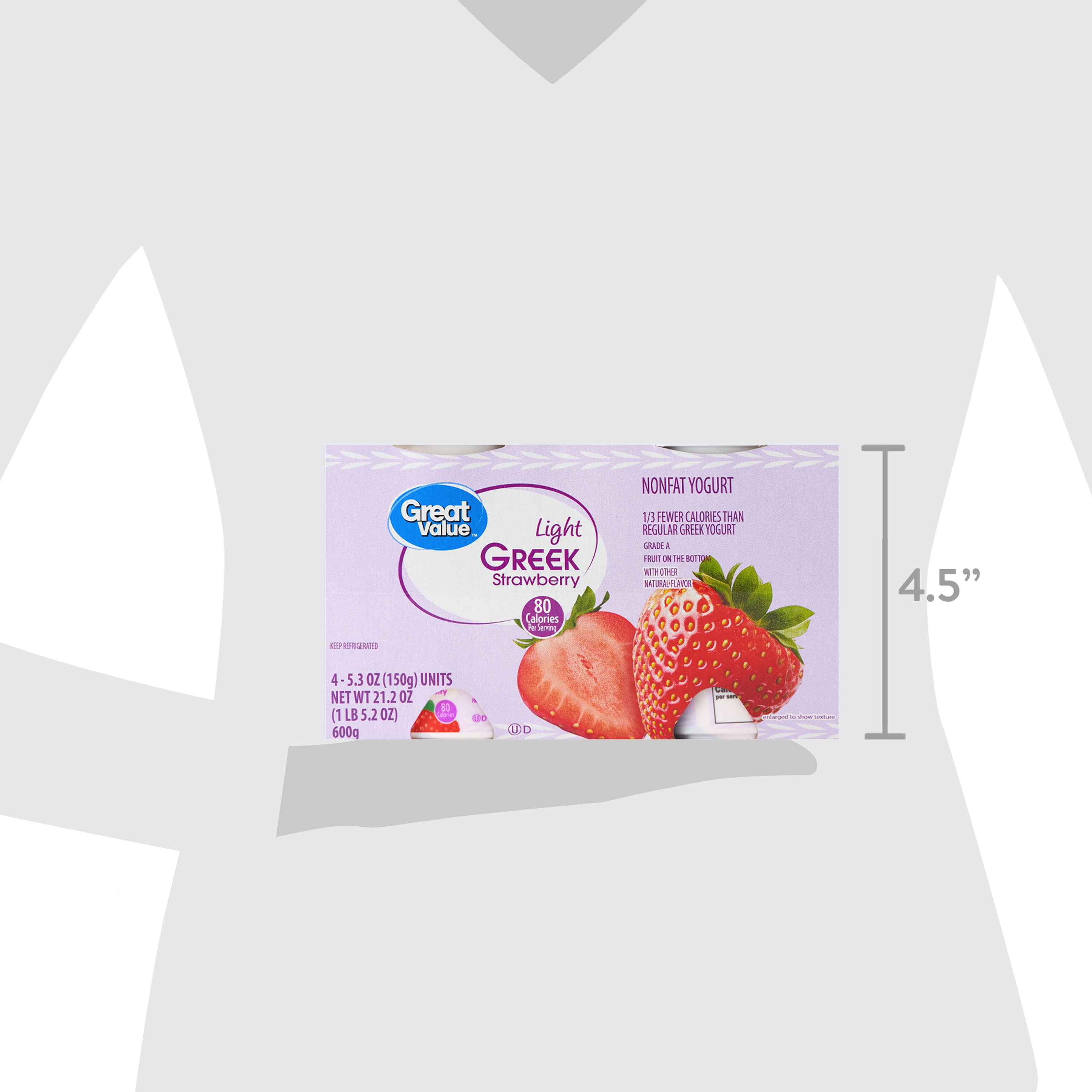 Great Value Light Strawberry Nonfat Greek Yogurt, 5.3 oz Cups, 4 Pack