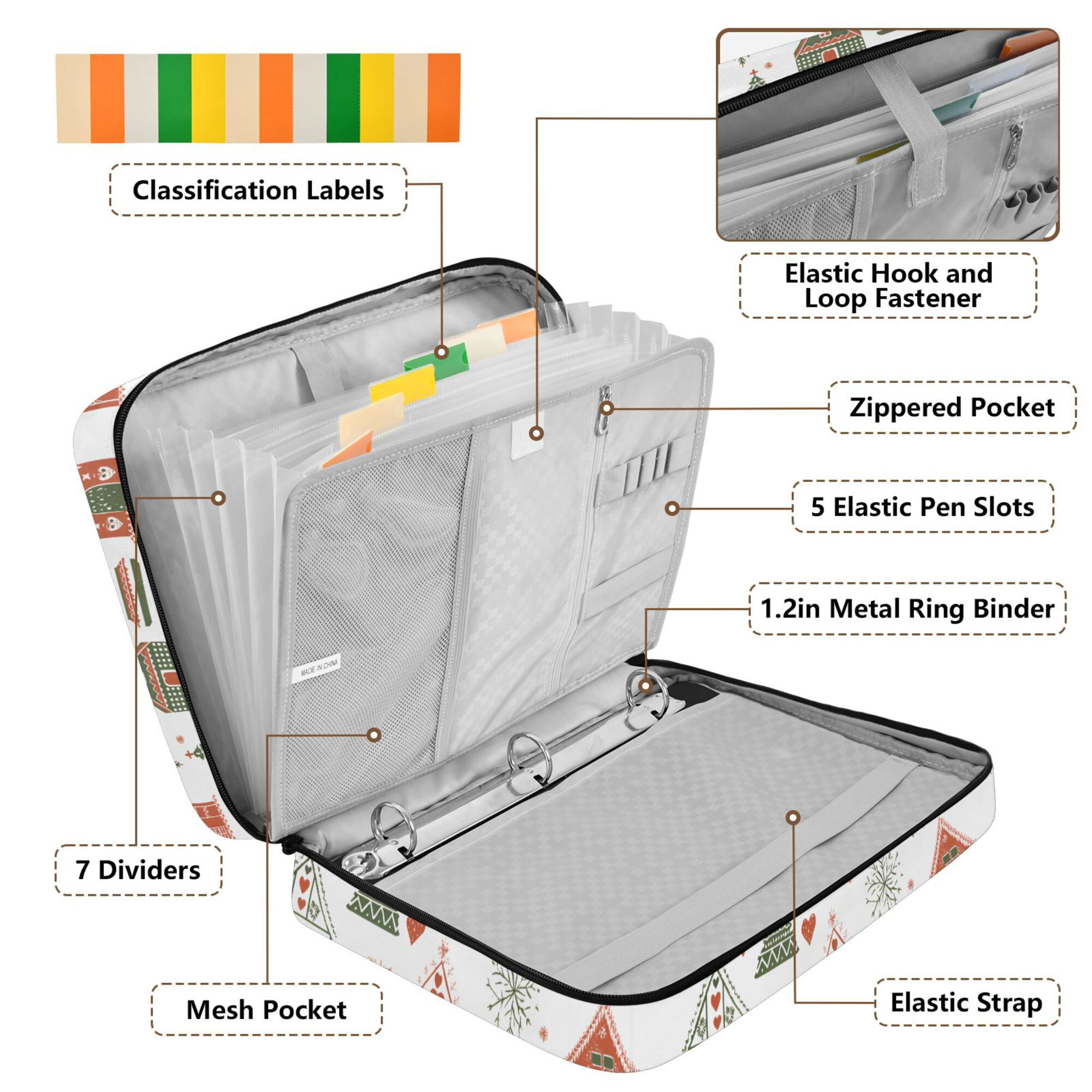 FORMRS Accordion File Folder A4 Size 7-Pocket Expanding Document Organizer Bag with 3 Ring Binder, Orange Nordic Christmas