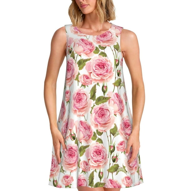 Fotbe Rose Flowers Vestido de Verano sin Mangas para Mujer – Vestido Midi Línea A, Estilo Camiseta Floral, Vestido Playero Casual y Fluido