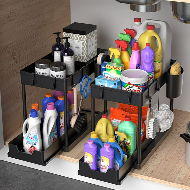 2 Pack Adjustable Height Under Sink Organizers and Storage, 2  Tier Slide Out Shelf Under Cabinet Kitchen Storage with 8 Hooks, Pull Out Under  Sink Organizer for Kitchen Bathroom Counter Office