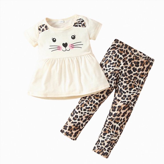 UAYOTSE Toddler Girl Cartoon Animal Ruffle Tunic Top Leopard Print Stretch Leggings 2Pcs Outfit Set,Sizes 3-4 Years