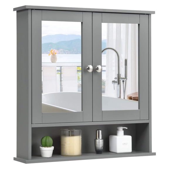 GolySw Bathroom Cabinet Wall Mounted - Over The Toilet Wall Storage Cabinet with 2 Mirror Doors and Adjustable Shelf, Hanging Medicine Cabinet for Bathroom, Living Room, Kitchen (Gray)