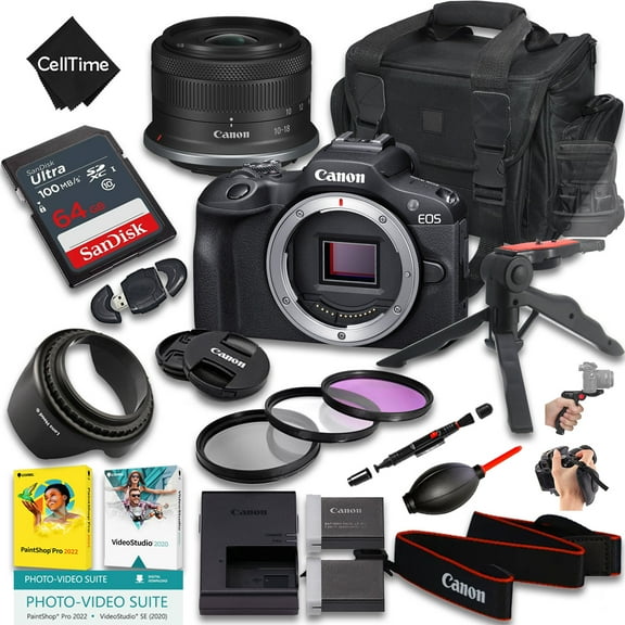 Canon EOS R100 Mirrorless Camera with RF-S 10-18mm f/4.5-6.3 IS STM Lens   64 GB Memory   Extra Battery   Camera Case   Grip Tripod   More (20pc Bundle)