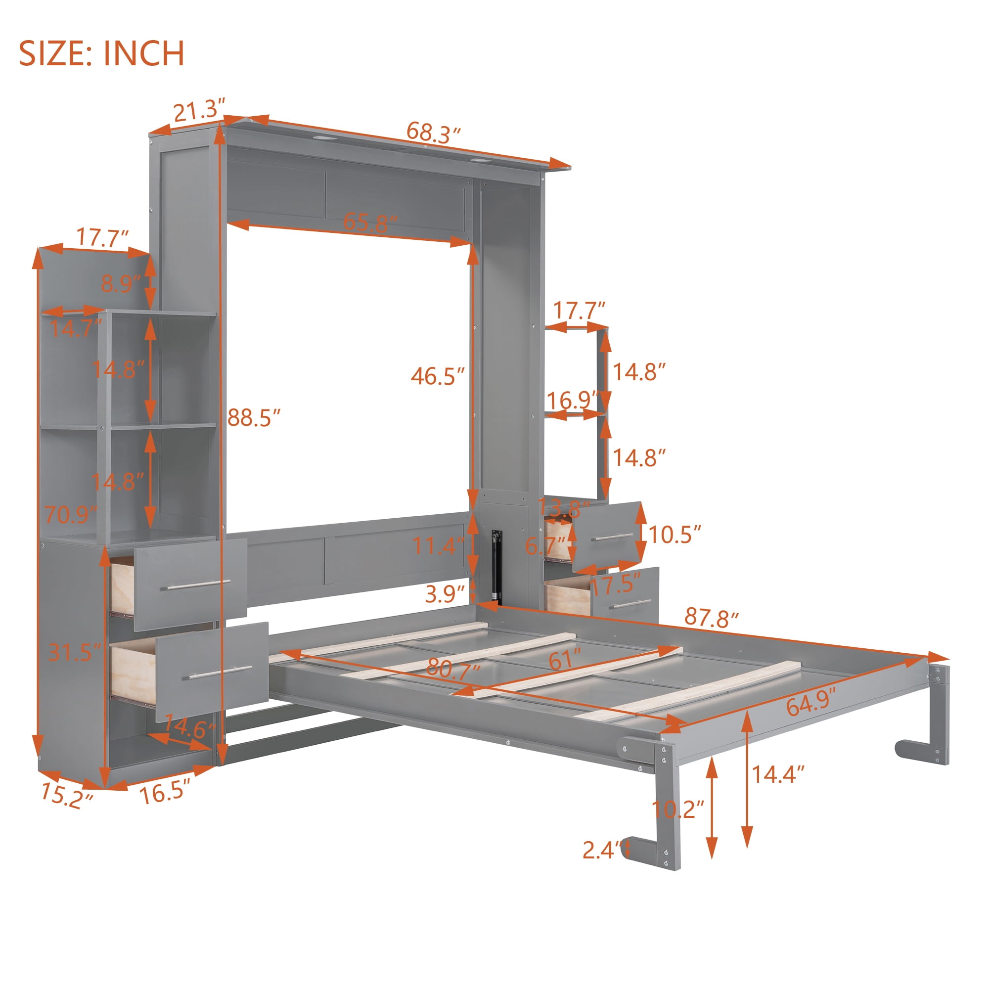 Euroco Wood Queen Size Murphy Bed with Cabinets and Drawers, Convertible Wall Bed wiht LED Light and Shelves, Gray