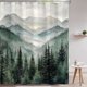 thumbnail image 3 of Cortina de ducha con diseño de bosque, montaña, verde oscuro, naturaleza, niebla, pino, para baño, tela impermeable decorativa, 180 x 180 cm, 3 of 5