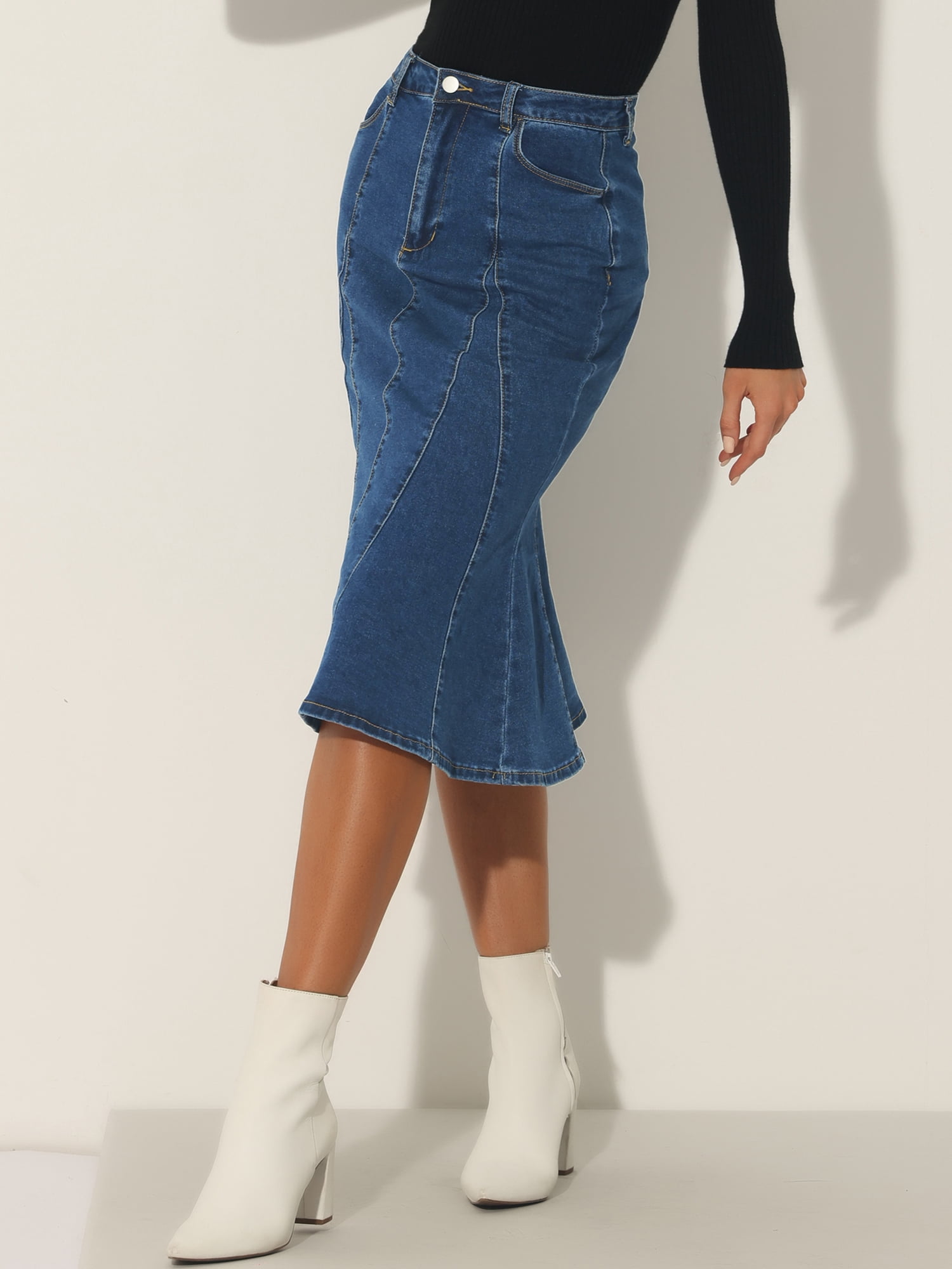 DARING DIVA Women's Denim Ruffle Fishtail Bodycon Midi Skirts S Dark Blue