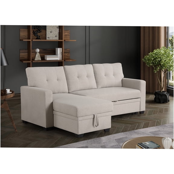 JERFIT Modern Beige Linen Convertible Sectional Sofa with Pull-Out Sleeper and Storage Chaise