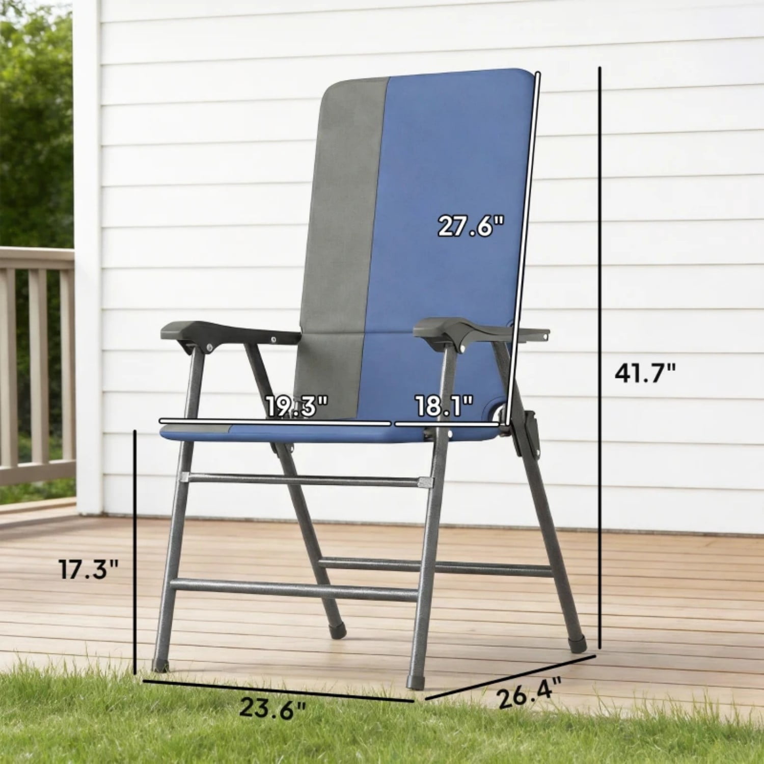 High Back Lawn Chairs Set of 2, Folding Camping Chairs with Padded 600D Oxford Fabric, Portable Patio Chairs with Steel Frame for Lawn, Beach, Porch, Gray & Dark Blue