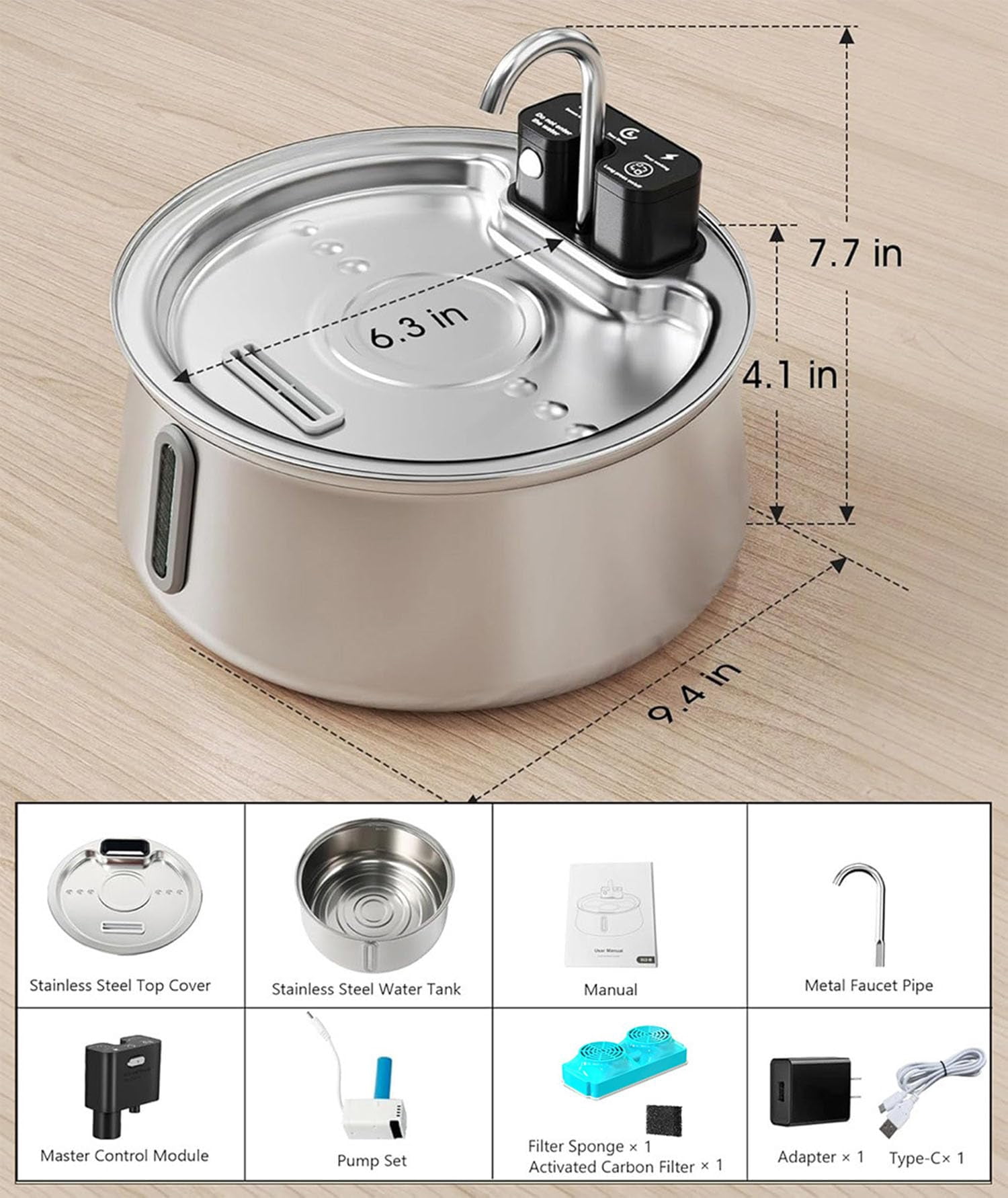 nuyezo Dog Water Fountain, 4L Quiet Floor with Filter, Stainless Steel Rechargeable Pet Water Fountain for Indoor Cats & Dogs