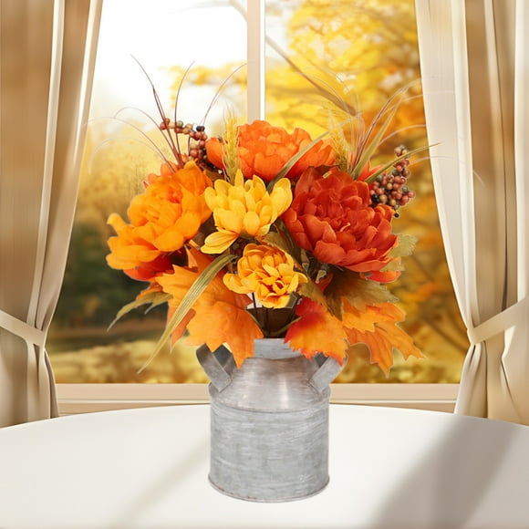 YIMWNYI Autumn Color Tin Bucket Sunflower Arrangement, Thanksgiving Decoration, Harvest Festival Supplies, Photo Prop for Parties, Lightweight Iron Flower Bouquet