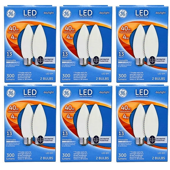 (case of 12 bulbs) Ge 25963 Decorative LED Chandelier bulb, 4 watt, 300 lumen, Daylight, Dimmable, frosted finish, medium base