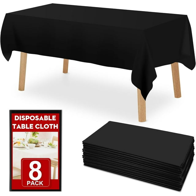8 Pack Black Plastic Table Cloths Disposable,54 x 108 Inches Plastic Table Cover for Rectangle Tables,Disposable Tablecloth for Dinning,Parties,BBQ,Wedding,Outdoor