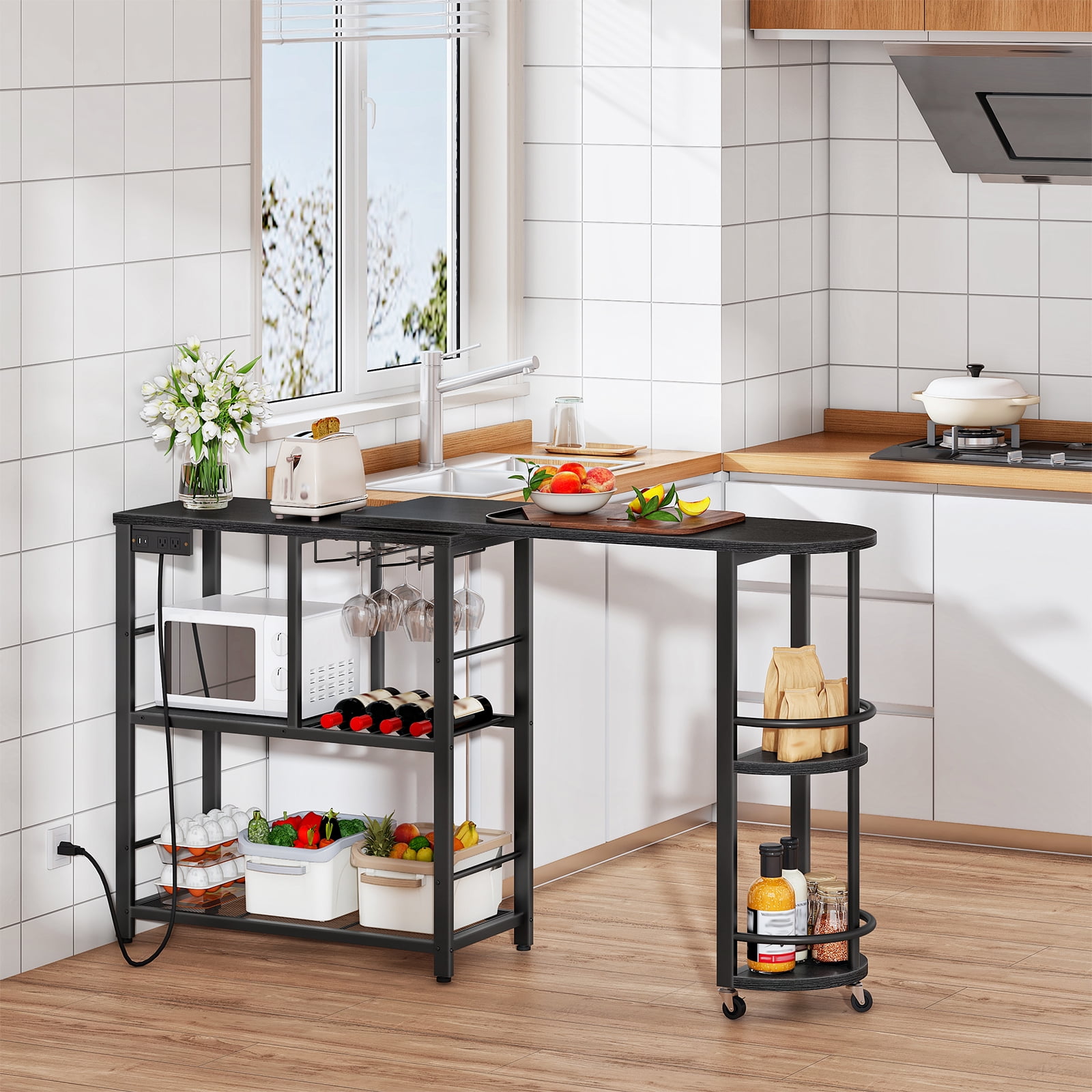 HOOBRO Adjustable Length and Charging Station L-Shaped Pub Tables, Black