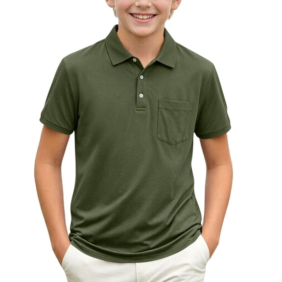 ATORRE Back to School Boys Shirt Summer Stylish Preppy Short Sleeve Button Up Collared Shirts Teen Boy School Uniform Army Green 7-8 Years