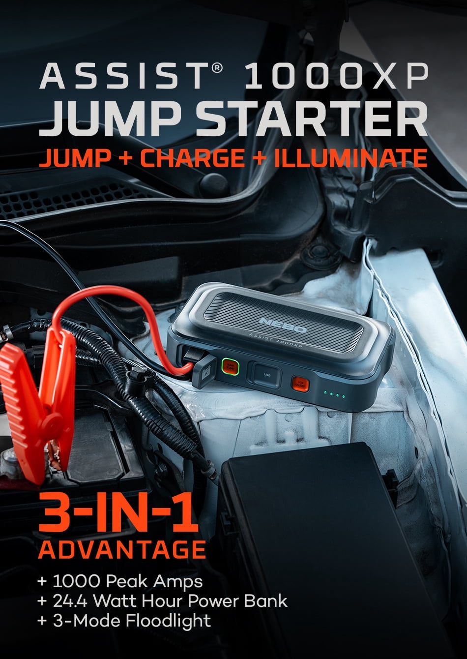 NEBO Assist 1000 Amps Jump Starter with Power Bank and Emergency Light