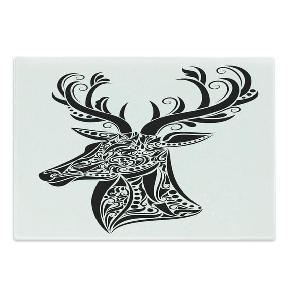 Antlers Cutting Board, Tattoo Pattern in the Shape of a Deer Creative Portrait in Black and White Colors, Decorative Tempered Glass Cutting and Serving Board, Large Size, Black White, by Ambesonne