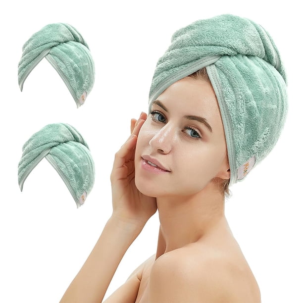 M-Bestl Paquete De 2 Toallas De Microfibra Para El Cabello, Toalla Para Secar El Cabello Con Botón, Toalla Para El Cabello, Toalla Para La Cabeza Con Turbante Para Secar El Cabello Rápidamente (Verde