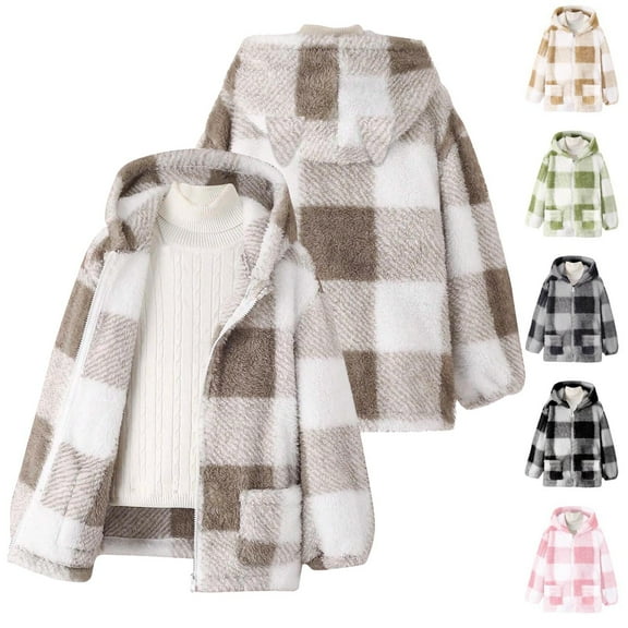 Xdegoge Girls Fleece Sherpa Jacket Plaid Fuzzy Zip Up Long Sleeve Hoodie Teen Thermal Loose Cozy Hooded Coats Tween 2025 Winter Thick Warm Outerwear With Pockets Age 8-14 Years