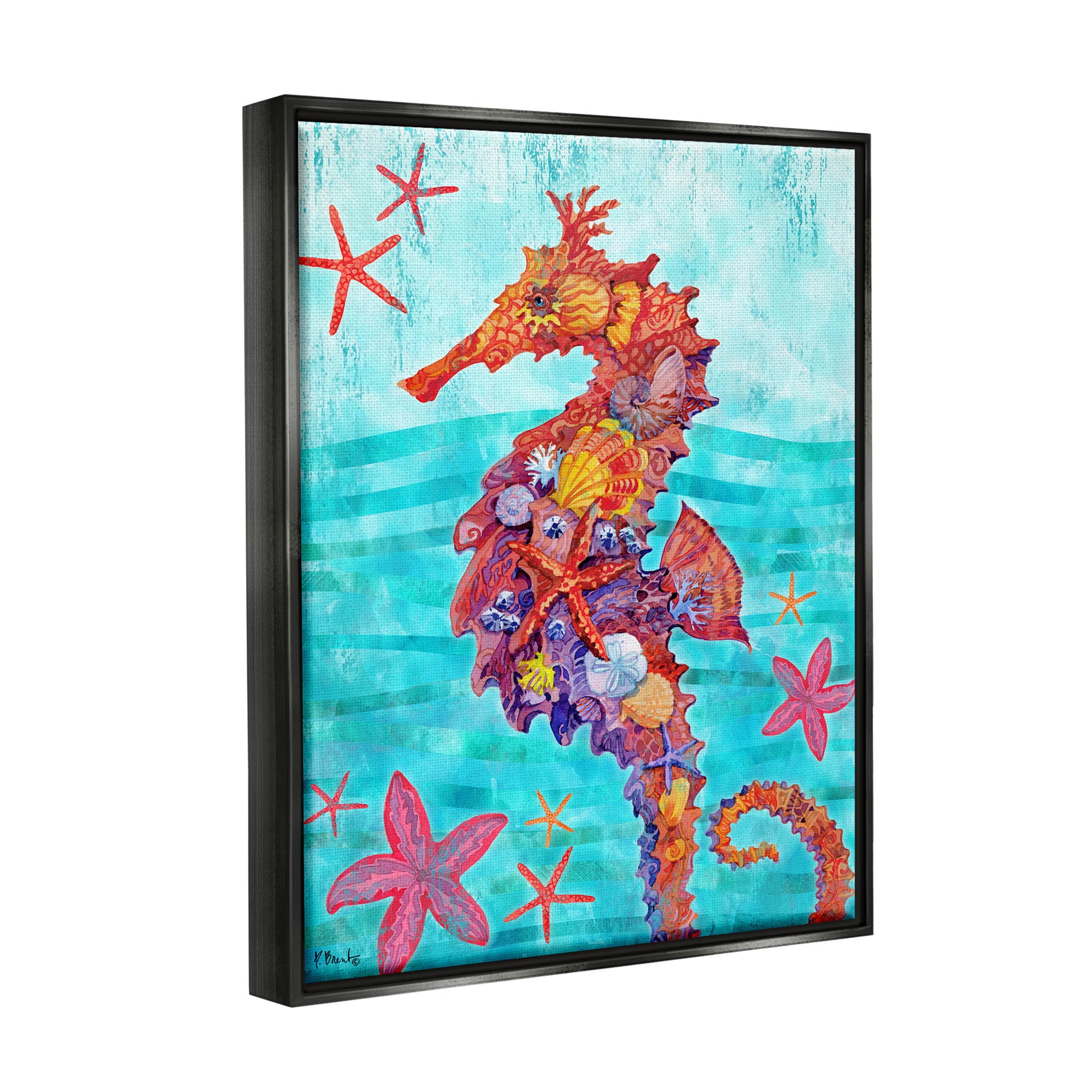 Stupell Industries Nassau Seahorse Aquatic Shell Collage Graphic Art Jet Black Floating Framed Canvas Print Wall Art, Design by Paul Brent