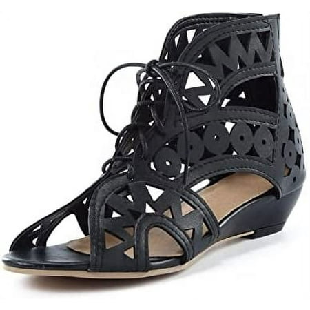 

Women Hollow Out Lace-Up Dressy Sandals Summer Peep Toe Low Wedge Strappy Gladiator Roman Shoes with Back Zipper Lace-up Sandals