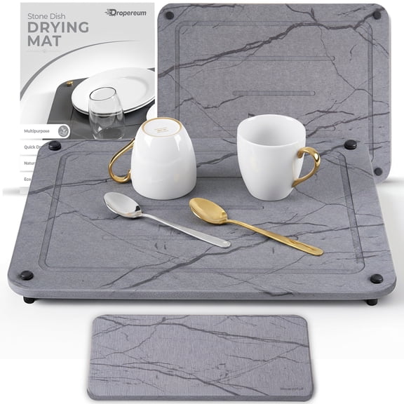 Stone Dish Drying Mat with Sink Caddy, Diatomite Counter Drying Tray, Heat Resistant, Dark Gray