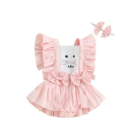 

ESASSALY Baby Girl Easter Romper Flutter Sleeve Bunny Print Infant Bodysuit