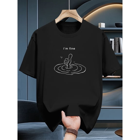 Men's 100% Cotton T-Shirt | Navy Blue with 'I'm Fine' Geometric Thumbs-Up Design | Round Neck, Regular Fit | Breathable & Machine Washable | Summer Casual Wear, Cotton T Shirts