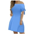 thumbnail image 2 of LOVZFMLL Robe pour Femmes Mode Été Aguichant à Épaules Dénudées Manches Courtes Unie avec Poches Bleu 2TG, 2 of 6