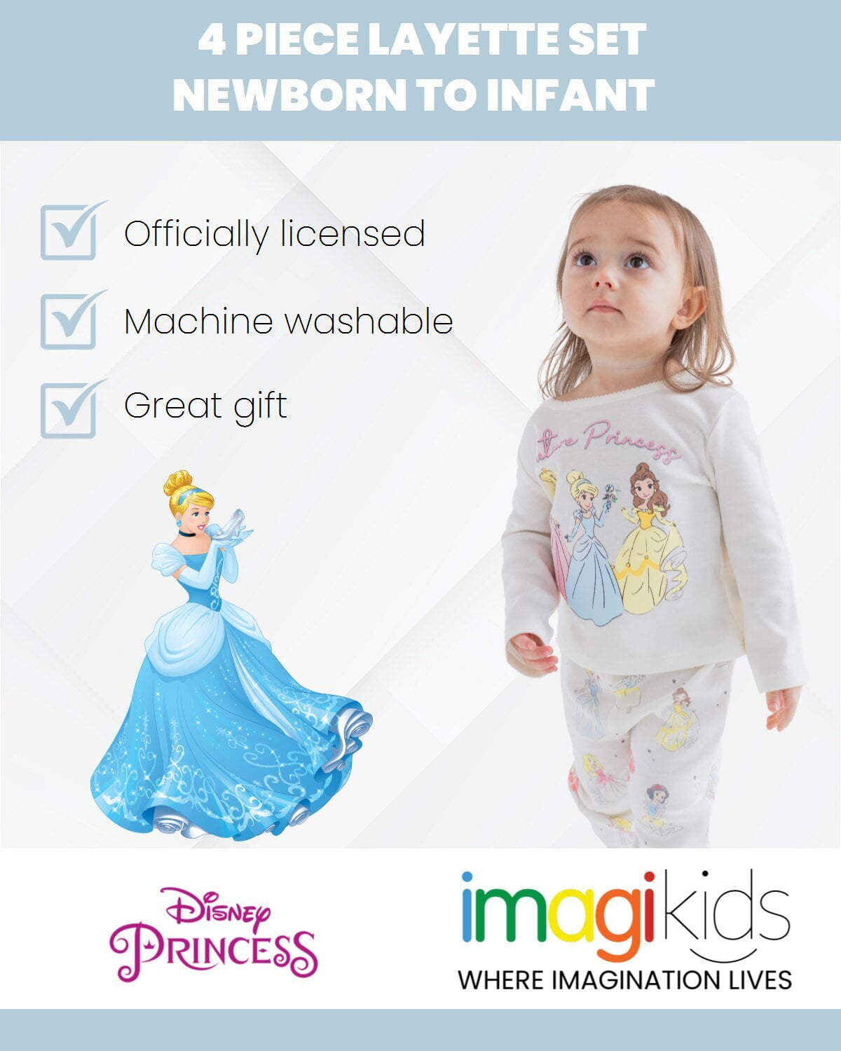 Disney Princess Aurora Cinderella Ariel Bodysuit T-Shirt Tulle MeshSkirt and Leggings 4 Piece Layette Set Newborn to Infant