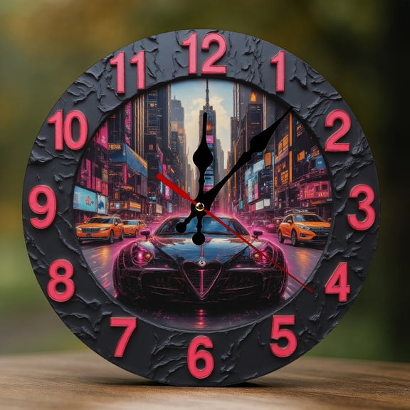 Wall Clock Decorative - Neon Black Car Print 2D Vintage Wall Clocks Battery Operated Silent Non-Ticking for Bedroom, Living Room, Kitchen, Office, Classroom, 10 Inch
