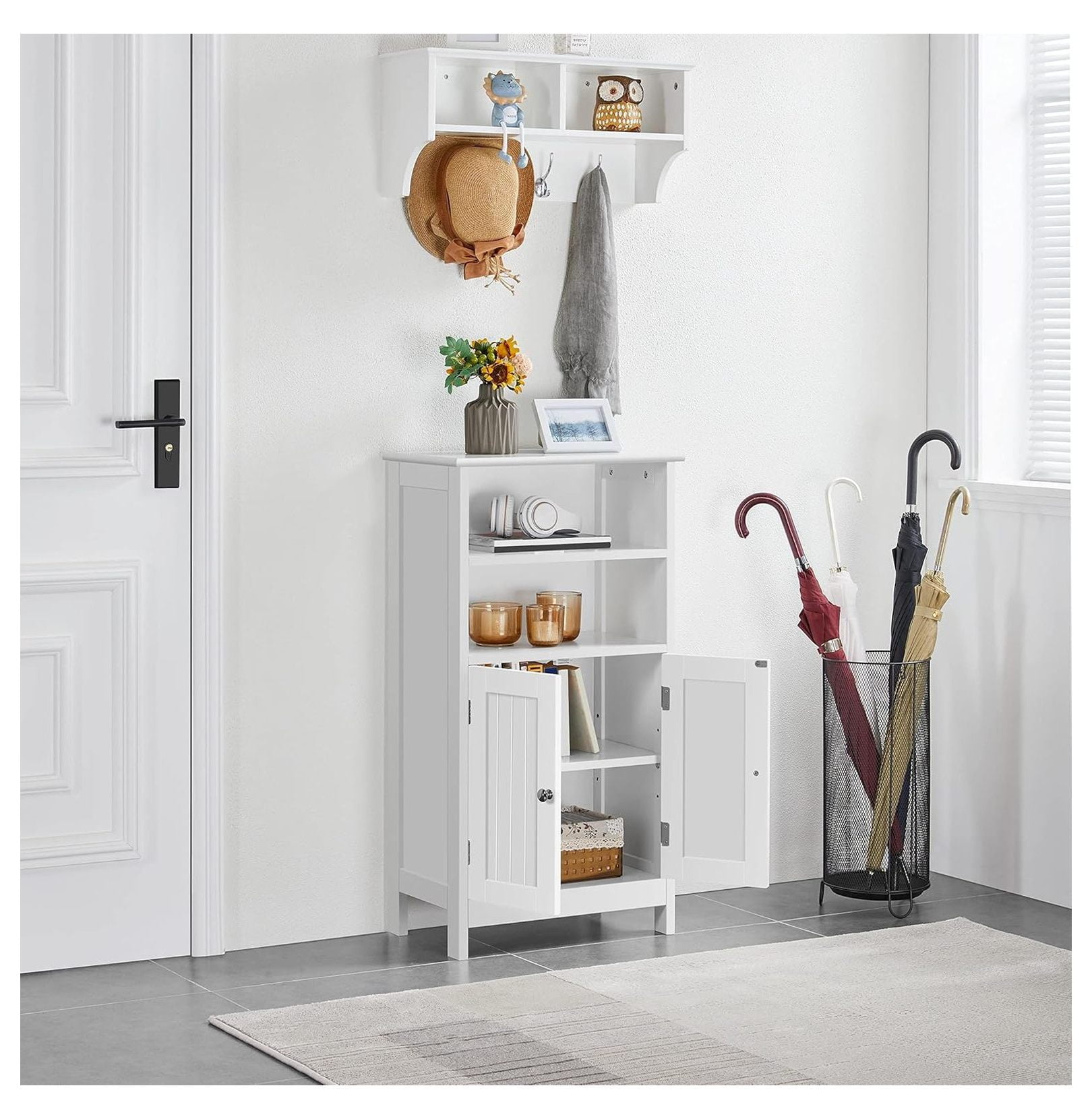Bathroom Floor Storage Cabinet with 2 Doors and Adjustable Shelf, Side Storage Organizer for Living Room/Hallway, White