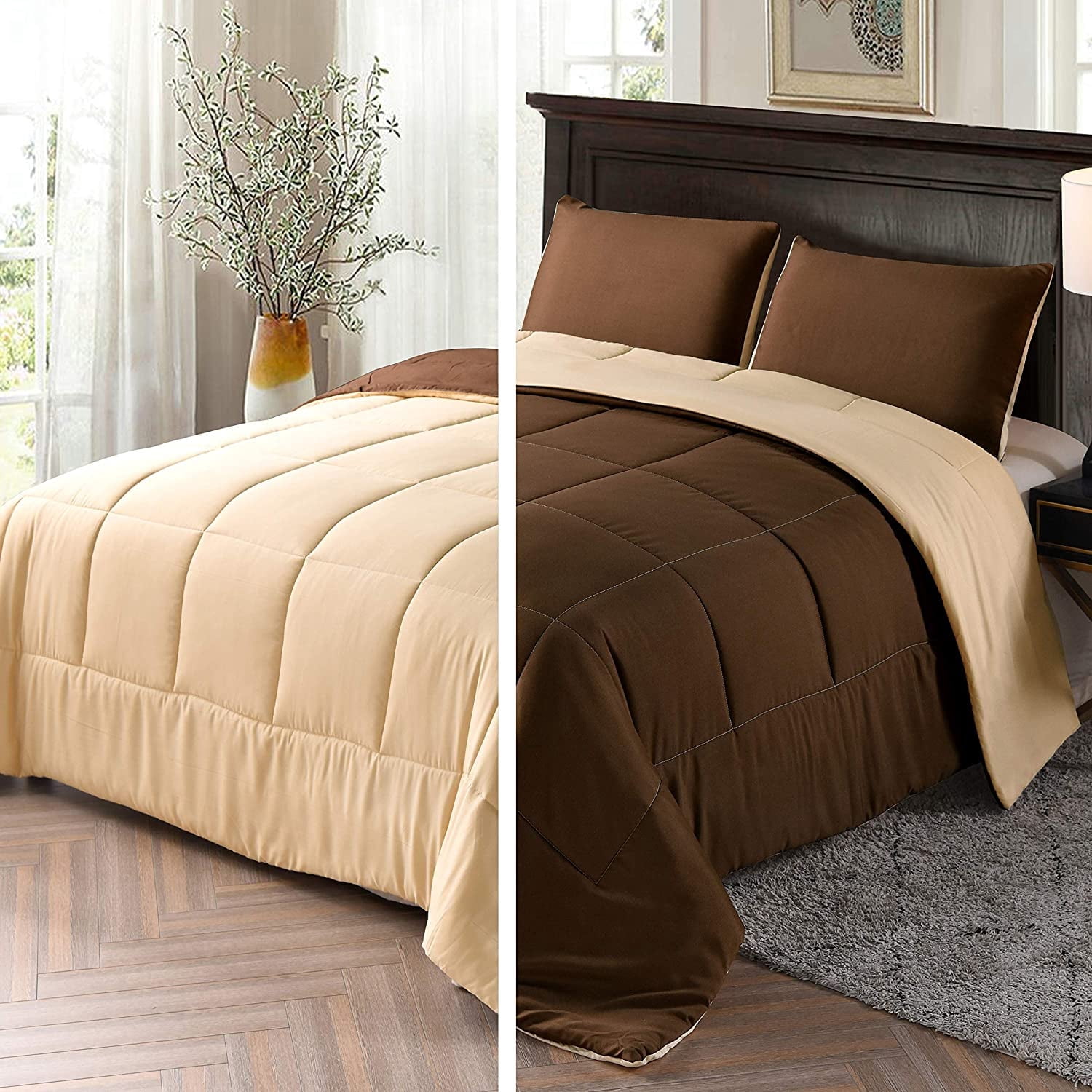 Exclusivo Mezcla Lightweight Reversible 3-Piece Comforter Set All Seasons, Down Alternative Comforter with 2 Pillow Shams, King Size, Brown/ Khaki