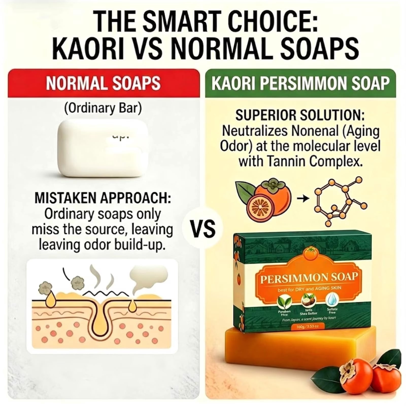 kaori Persimmon Deodorizing Cleansing Soap—a natural deodorizing bath soap; formulated with Japanese persimmon and green tea extracts to gently care for the skin of both men and women (single bar).