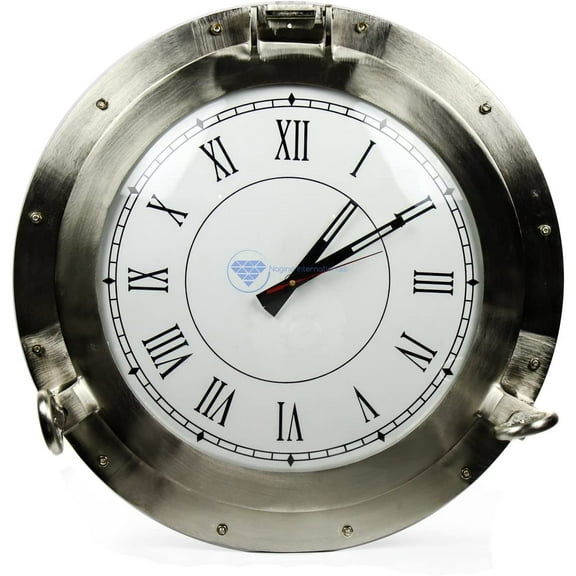 Nagina International 20" Large Aluminum Brushed Nickel Plated Metal Wall Clock | Nautical Porthole Clock