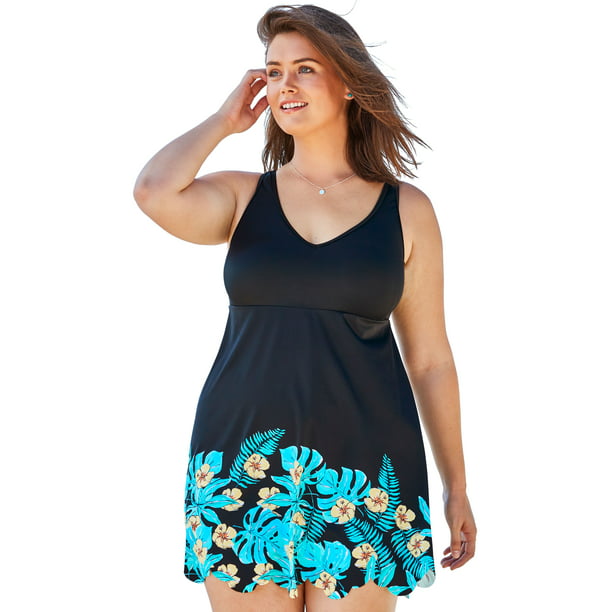 Swimsuitsforall - Woman Within Plus Size Floral Border Swim Dress ...
