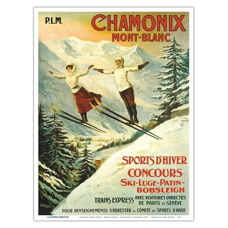 Chamonix Mont-Blanc France - Winter Sports Competition - Paris-Lyon-Mediterrannee (PLM) - Vintage Railroad Travel Poster by Francisco Tamagno c.1910 - Master Art Print (Unframed) 9in x 12in