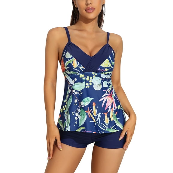 Attraco Two Pieces Tankini Set For Women Retro Print V Neck Swimsuit Navy Blue