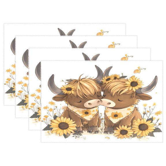 Ryvnso Placemats Set of 4 Two Highland Cattle Dining Mats Heat-Resistant Non-Slip Washable Table Mat