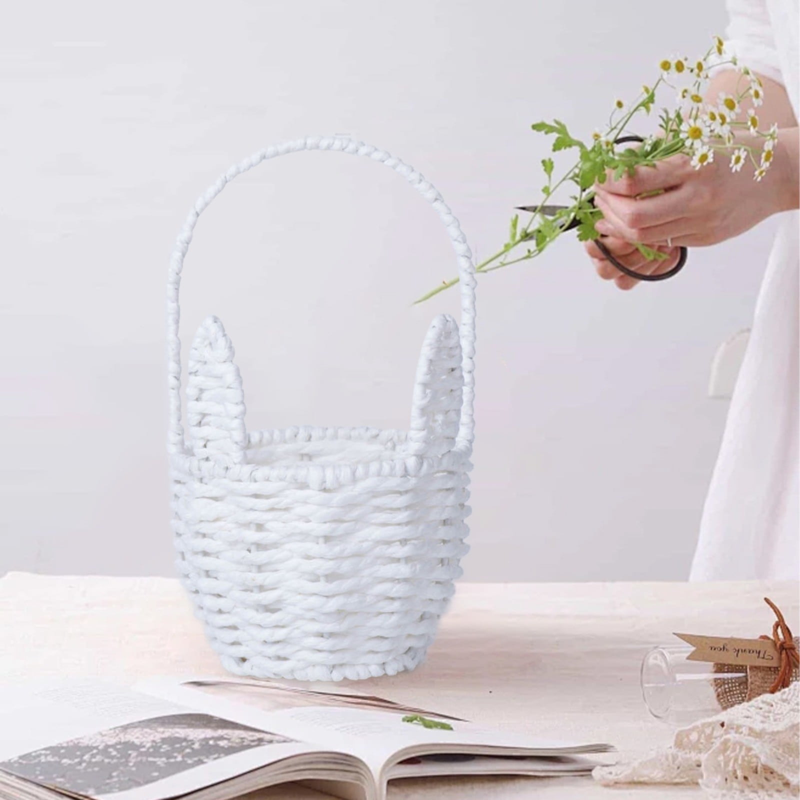 Easter Basket with Handle, Bunny Easter Baskets, Rabbit Harvest Flower Toy Mini Picnic Wine Woven Fruit Birthday Organizer, Easter Egg Cute Cookies Beach Storage, 1 Pcs, 8.19x4.88"