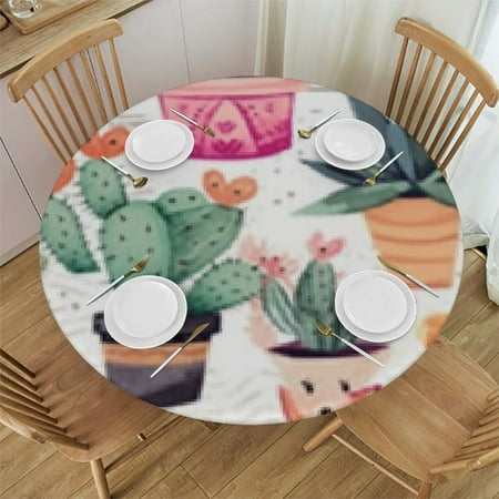 

HAOXIT Cute Cactus Elastic Edged Round Fitted Table Cloth Cover Waterproof Wrinkle Free Round Tablecloth Home Decorative Tablecloth for Indoor Outdoor Kitchen Party 31-35
