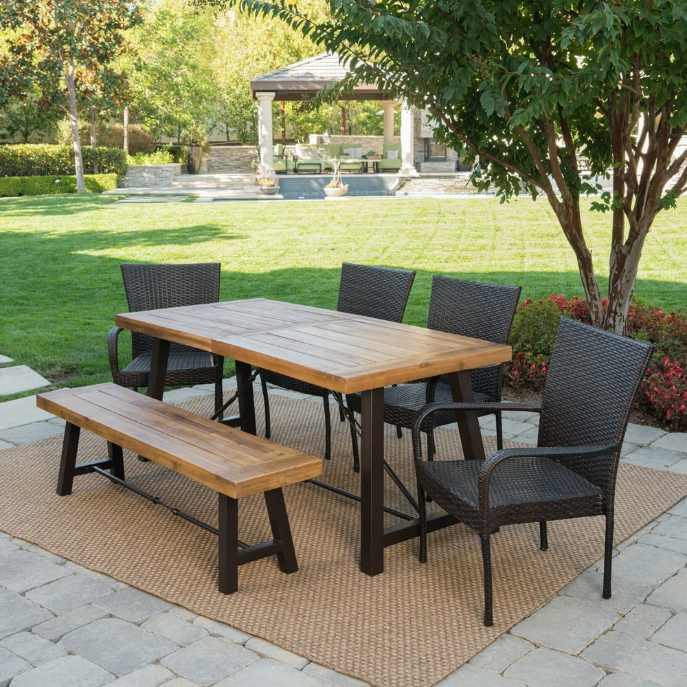 Garrett Outdoor 6 Piece Acacia Wood Dining Set with Wicker Stacking Chairs, Teak Finish