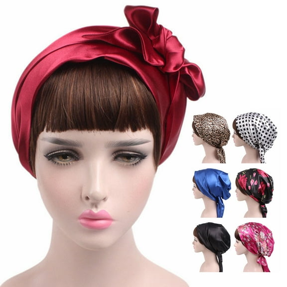 Visland Silk Chemo Cap, Headwear Elastic Turbans for Women Long Hair Head Scarf Headwraps Polyester Bowknot Printing Hat