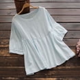 thumbnail image 2 of Pompotops Femme Été Col Rond Manches 3/4 Coton Chemise Tops Blouse Unie, 2 of 4