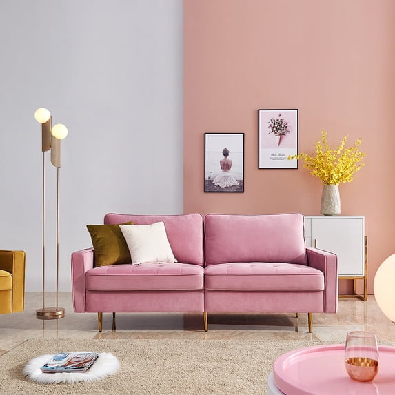 Mid Century Modern Couch, High End Velvet Fabric Contemporary Sofa Sets with Metal Legs, Sectional Sofa Bedroom Furniture with 2 Soft Pillow, Loveseat Fabric Sofa for Small Spaces, Pink, Q9246