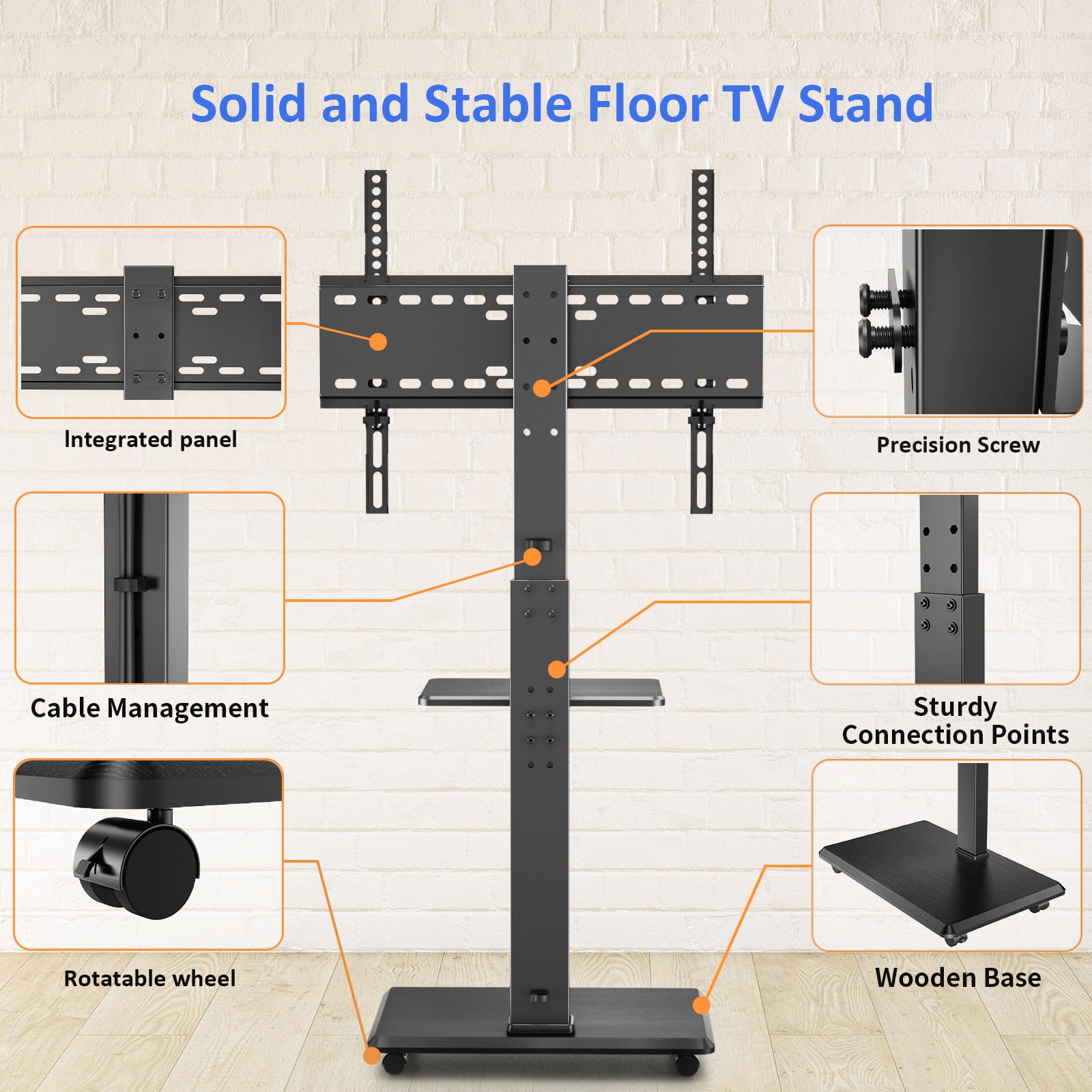 Rolling TV Stand, Mobile TV Cart for 32-75 Inch TVs up to 110 lbs, 18 Adjustable Heights, TV Floor Stand with Swivel Mount & Shelf, Max VESA 600x400mm