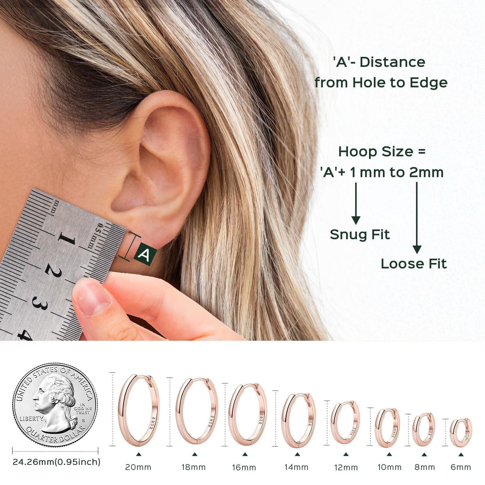 ChicSilver 925 Sterling Silver Hoop Earrings for Women Hypoallergenic Rose Gold Plated Hoop Earrings Lightweight Tiny Huggie Earring 18MM