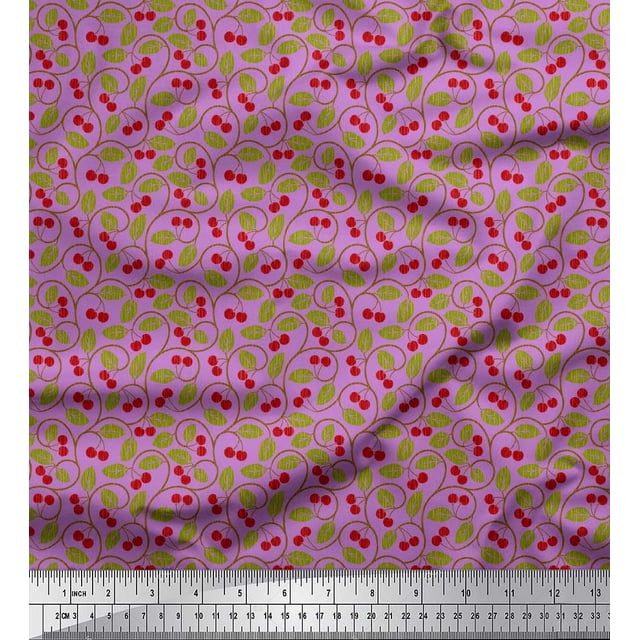 Soimoi Tissu en Viscose Chiffon Feuilles & Baies Rouges Imprimé Tissu au Mètre 42 Pouces de Large