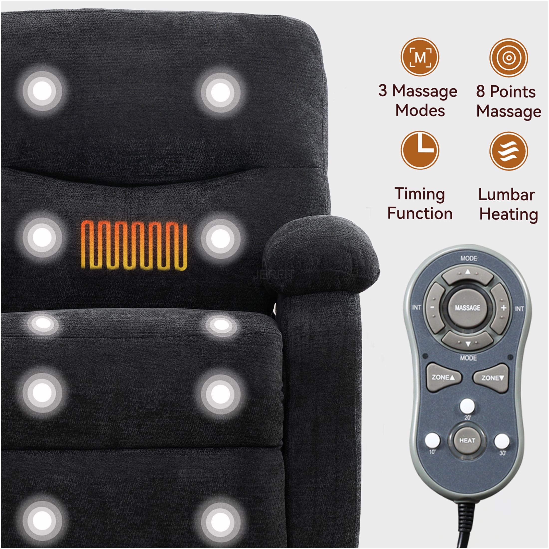 JERFIT Modern Massage Recliner Chair with Heat, 360 Swivel Rocker Lounge Chair for Living Room, Black